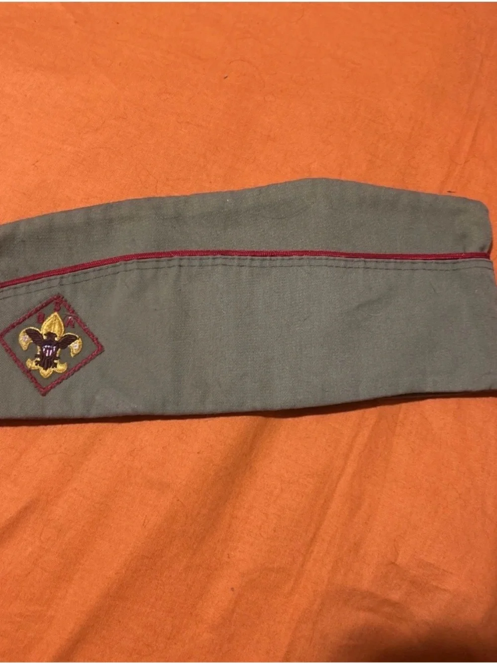 Kids Olive Scout Side Cap with Red Trim and Fleur-de-Lis Patch